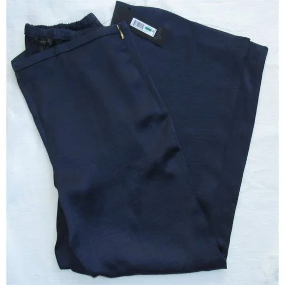 Donna Karan Navy Blue Pull On Wide-Leg Pants Side Zip Elastic Back NWT Sz L - Picture 2 of 3